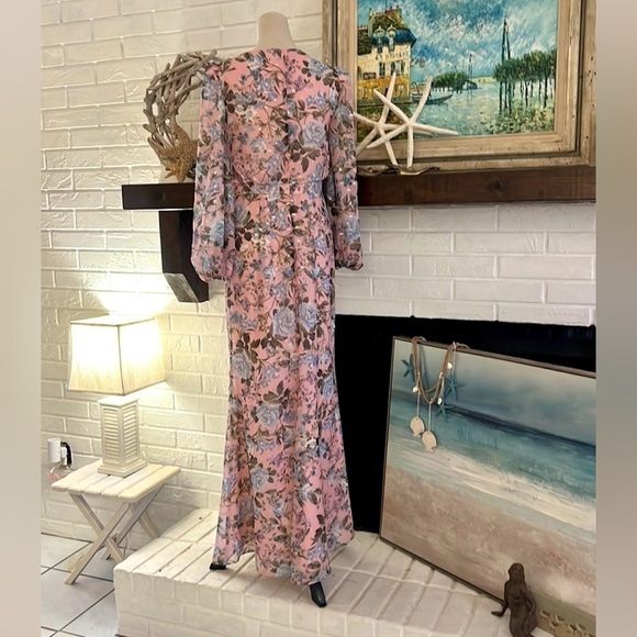 NWT Eliza J Blush Pink Floral Print Chiffon Cascade Long Sleeve Dress,size 6 - Picture 5 of 12